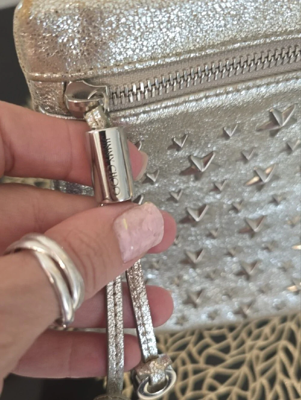 Jimmy Choo Metallic Silver And Gold Star-Studded Wristlet Clutch